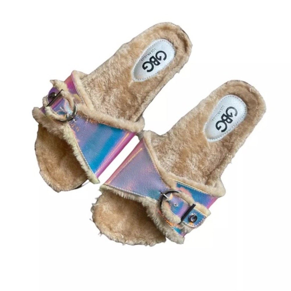 GBG Los Angles Women's Softee Metallic Faux Fur Buckled Slide-Size 9  NWOB